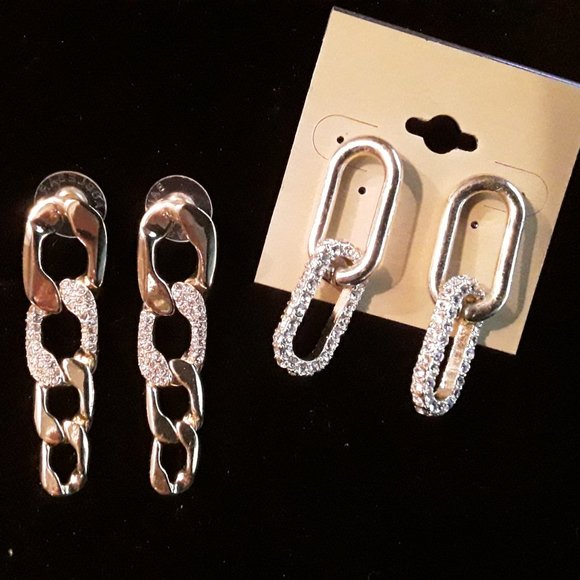 Chain look gold color post earrings with silver rhinestones (lot of 2) - Picture 2 of 7